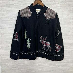 Women’s Black Plaid Patchwork Moose Coldwater Creek Zip Up Wool Jacket/Sweater